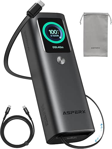 AsperX Laptop Power Bank, 165W 20,000mAh, Retractable Cables, Aluminum Alloy