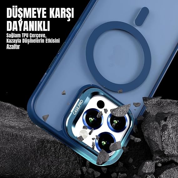 MADNOVA iPhone 14 Plus için Kılıf Kamera Korumalı Magsafe Wireless Şarj Özellikli Lens Hediyeli Mat Şeffaf Renkli Standlı Kılıf (LACİVERT)
