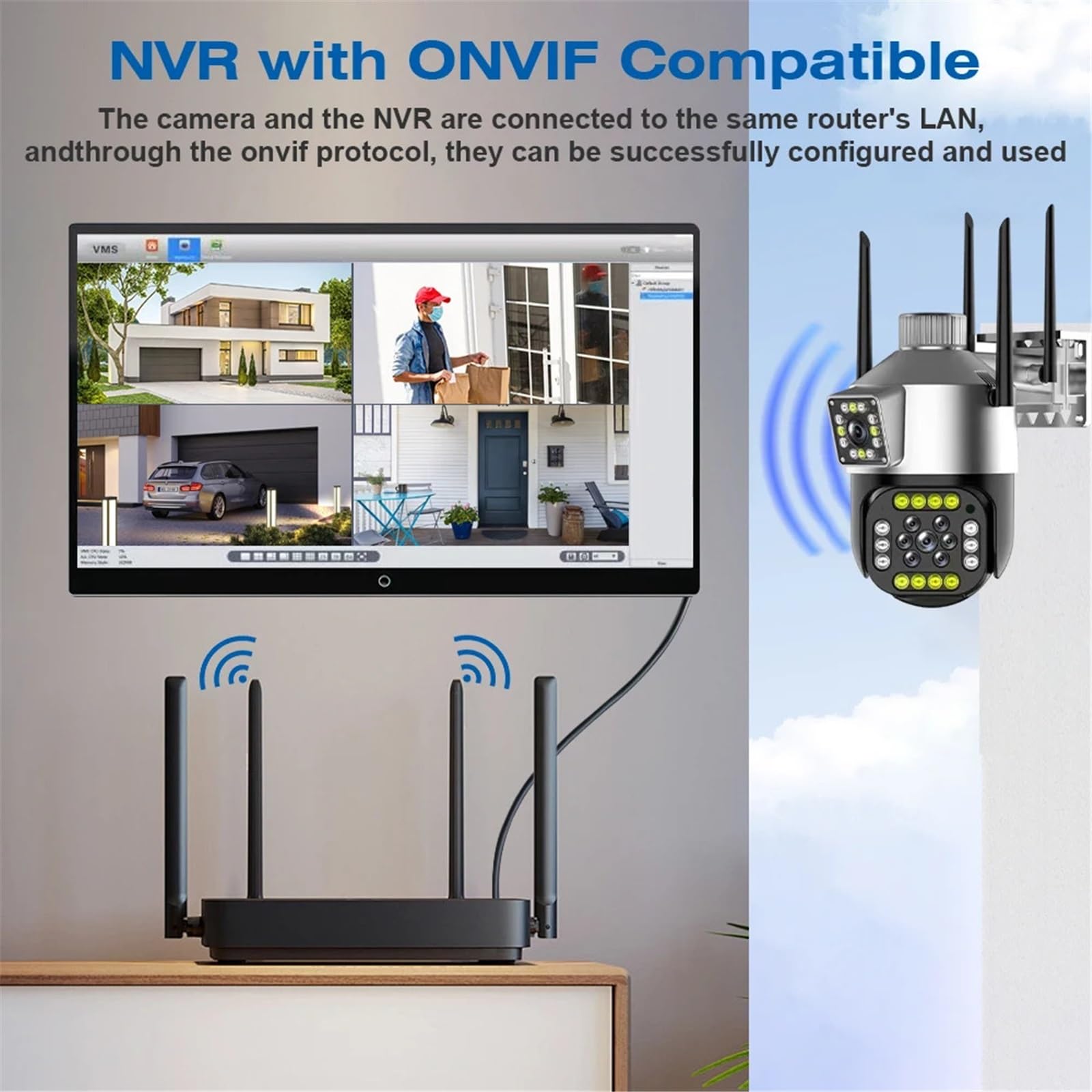 Zewnętrzna bezprzewodowa kamera bezpieczeństwa IP 2K 4MP HD z podwójnym obiektywem, zewnętrzna kamera PTZ z Wi-Fi i automatycznym śledzeniem, kamera do monitoringu ulicznego(Camera add 64G)
