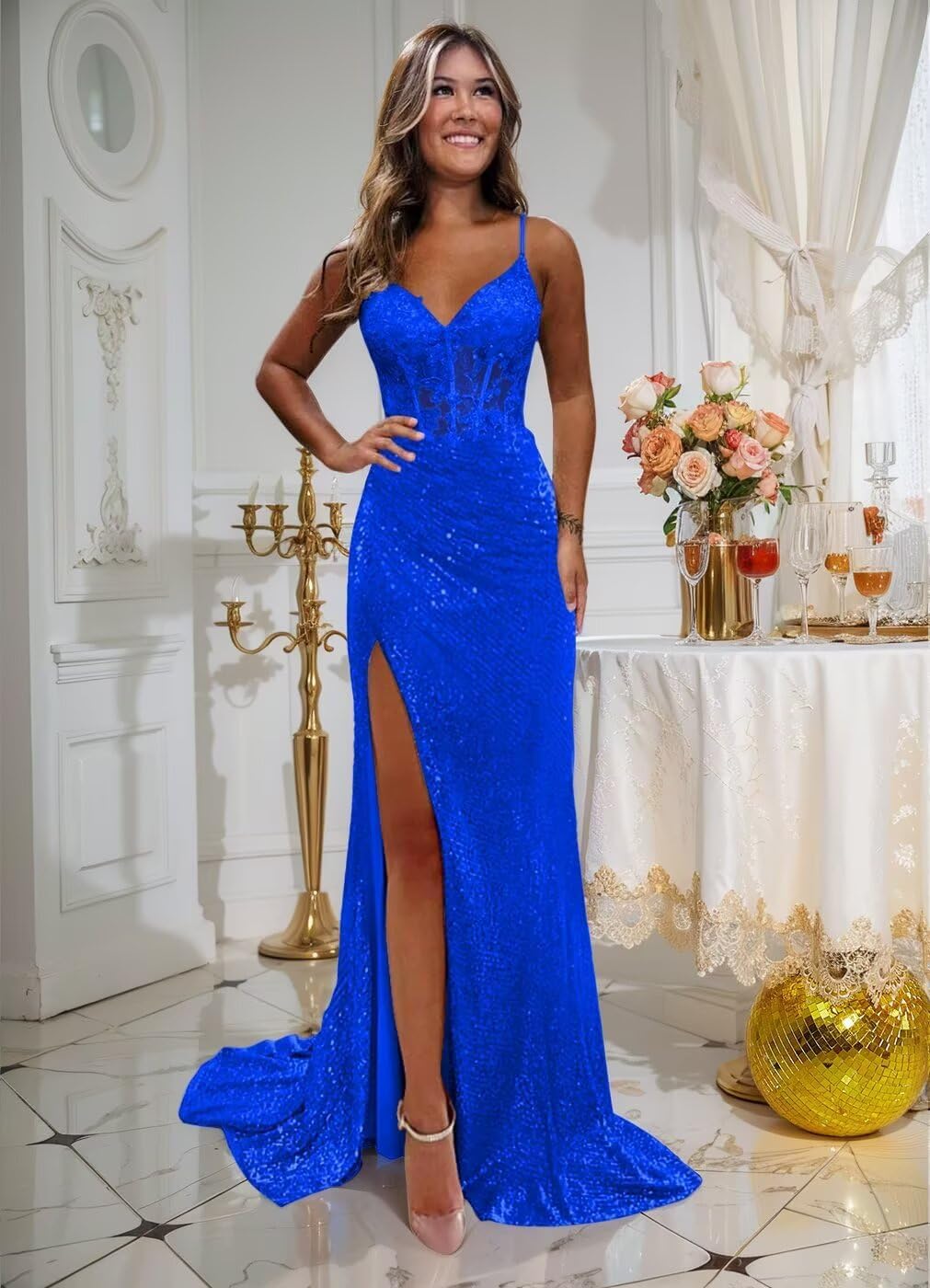 Stylefun Women's V Neck Sequin Mermaid Prom Dresses with Slit Long Lace Formal Evening Gownes CYM293
