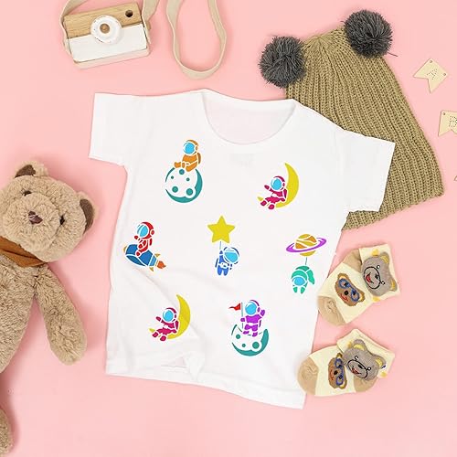 Miniatura 7 de FINGERINSPIRE Linda plantilla de pintura de astronauta de 11.8 x 11.8 pulgadas, 6 estilos de dibujo de astronauta en el planeta, Astros Moon Rocket