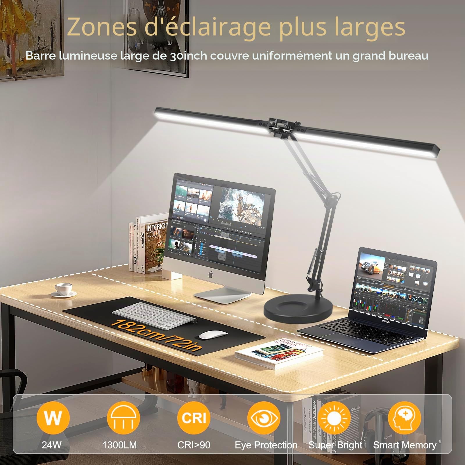 NOEVSBIG Lampe de bureau LED, 2 en 1 avec protection des yeux et lampe à clip, 3 modes de couleur et intensité variable en continu, lampe de lecture réglable avec fonction mémoire
