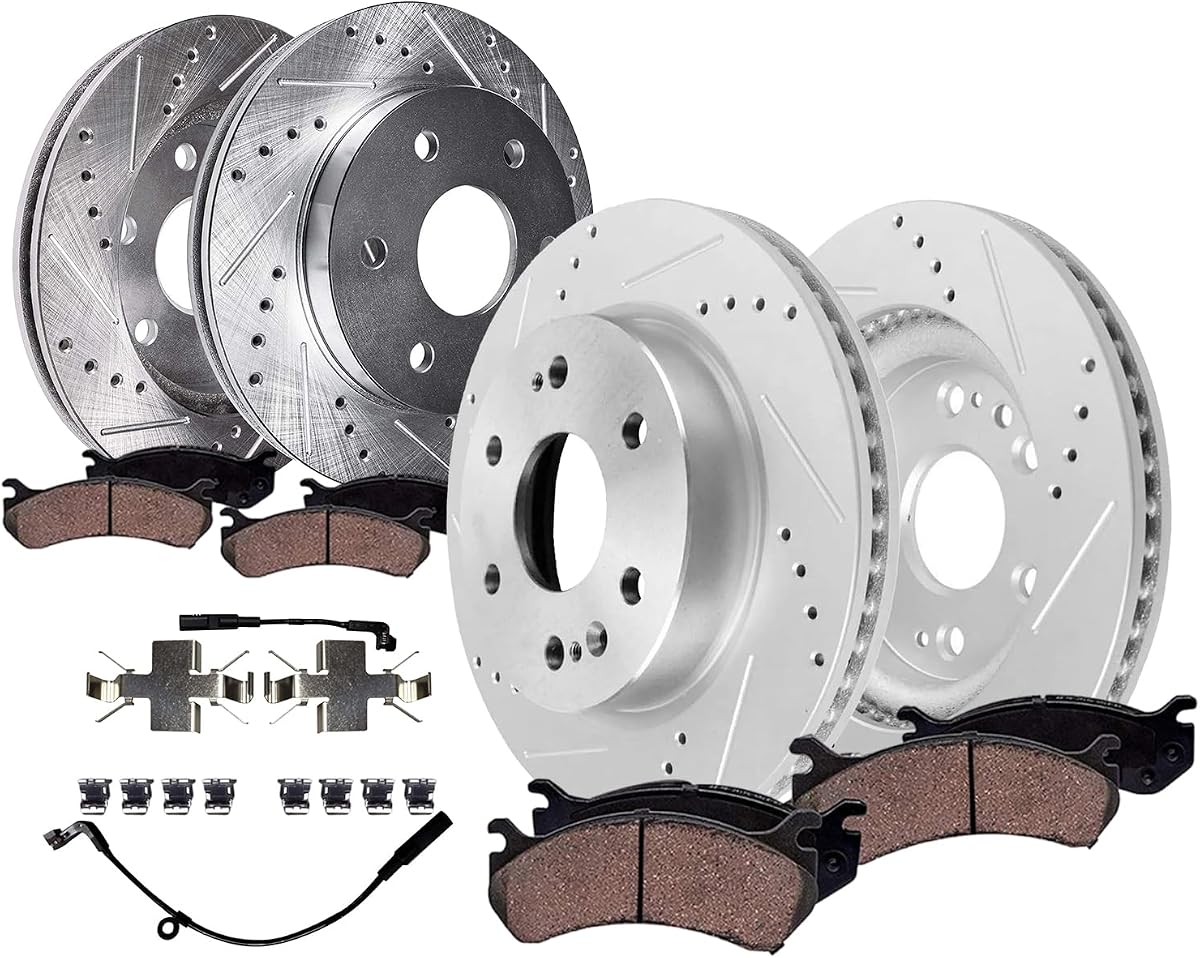 Detroit Axle - 8pc Brake Kit for Chevy GMC Silverado Sierra 1500 Yukon XL | Escalade ESV Drilled & Slotted Brake Rotors Ceramic Brake Pads Replacement 13.50" inch Front and 13.58" inch Rear Rotor