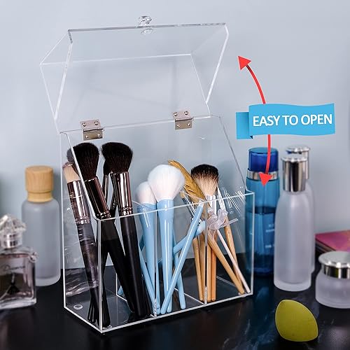 Miniatura 5 de Wedddingwish - Soporte acrílico para brochas de maquillaje, organizador de maquillaje con tapa a prueba de polvo, estuche de almacenamiento de