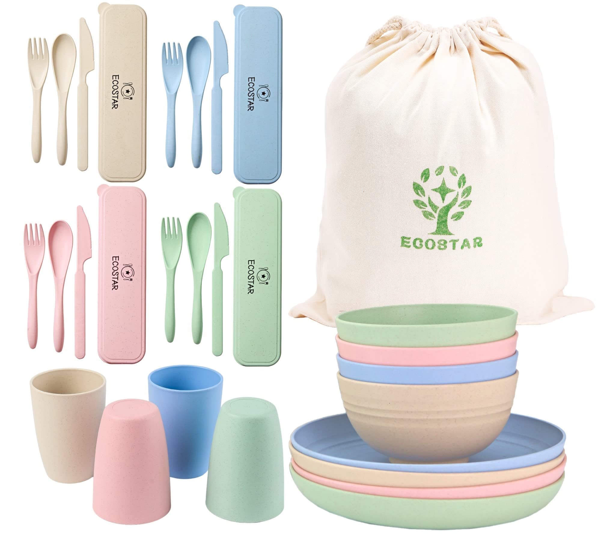 ECOSTAR Wheat Straw Dinnerware Sets Unbreakable Plates Bowls and Cups Reusable Utensils Dishwasher Microwave Safe Bowls and Plates Sets (Classic)