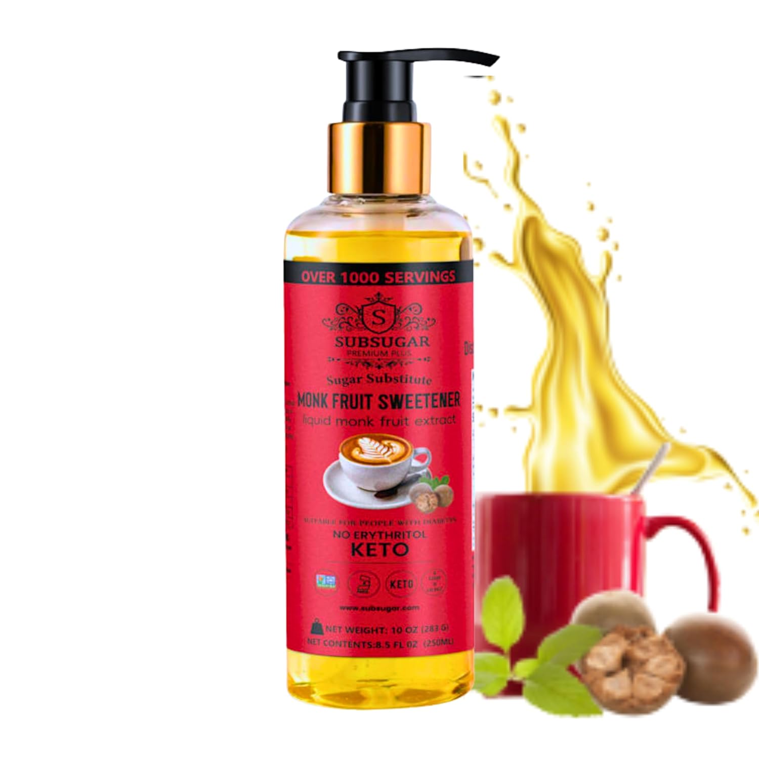 SubSugar Monk Fruit Drops Pure Liquid Monk Fruit Sweetener, No Erythritol Sugar Alternative, Concentrated Syrup, Zero Calorie, Sugar-Free for Keto, Coffee, Tea, Food, Kosher, Non-GMO (250ml red)