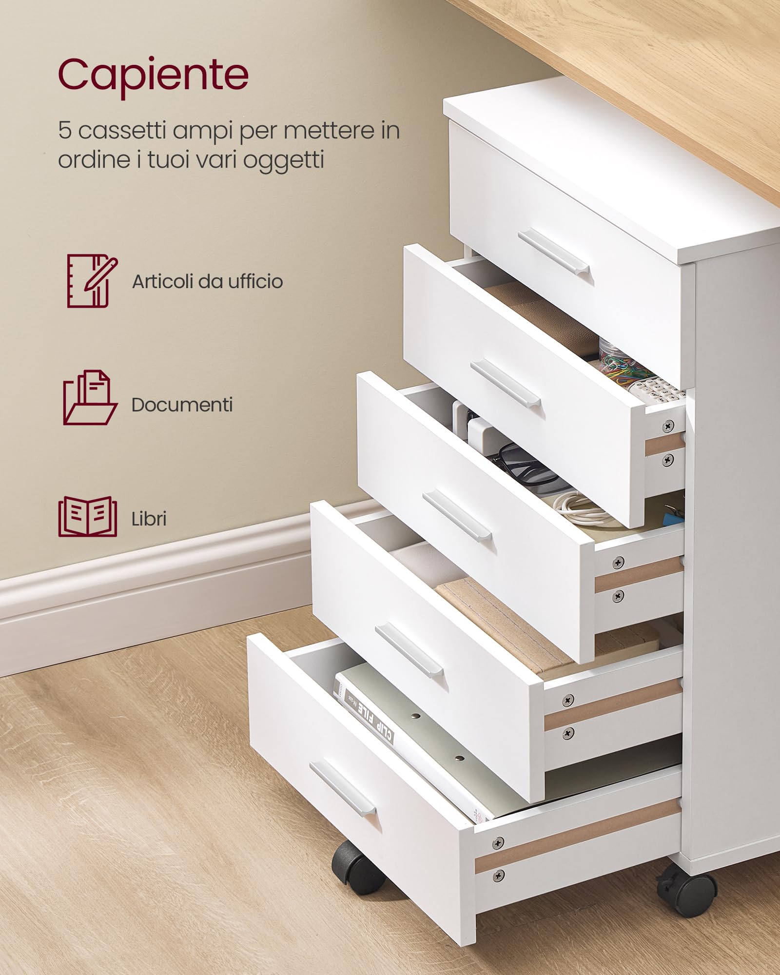 VASAGLE Cassettiera da Ufficio a 5 Cassetti, Mobile con Ruote per Documenti, Mobiletto Porta Stampante, Guide per Cassetti senza Viti, Studio, Bianco Nuvola OFC081W01