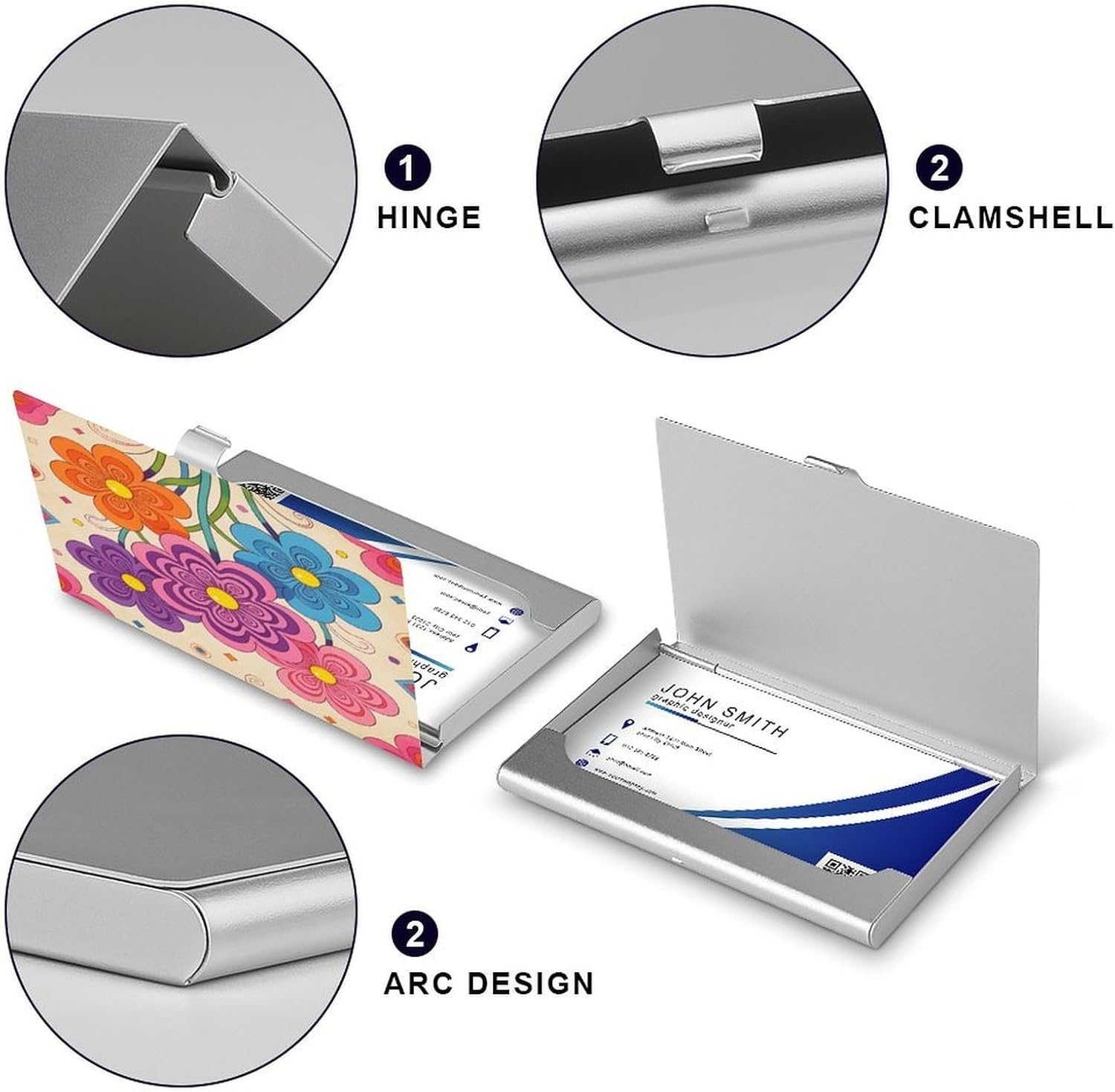 Personalized Vintage Groovy Flowers Business Card Case Ultra-Thin Aluminum Alloy Business Card Holders with Buckle Style Shut Lightweight Business Card Wallet for Men Women