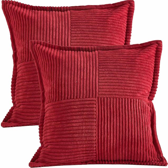 Tennove Christimas Red Cushion Covers 45cm x 45cm Soft Striped Corduroy Square Throw Pillow Covers with Splicing Decorative Boho Broadside Cushion Pillowcase for Sofa Bed Bench