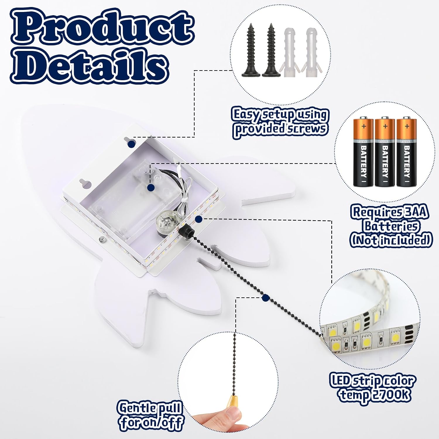 Aurelema Space Rocket Night Light Wall Lamp Sleeping Nursery Lighting Cute Floating Battery Operated Hanging Lamp for Baby Boys Girls Bedroom Room Nursery Wall Decorations