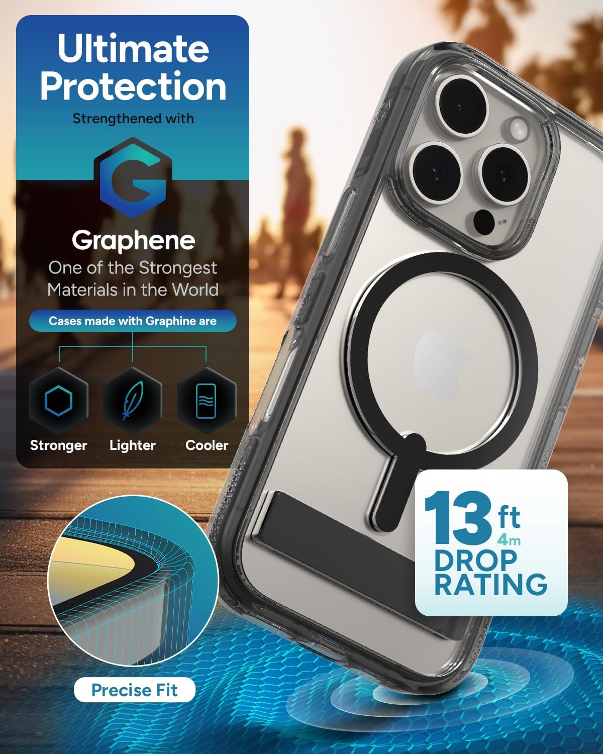 ZAGG Santa Cruz Snap with Kickstand Case for iPhone 16 Pro – MagSafe Compatible, 13ft Military-Grade Drop Protection, Reinforced with Graphene, Slim Clear Case with Vibrant Color Accents, Black