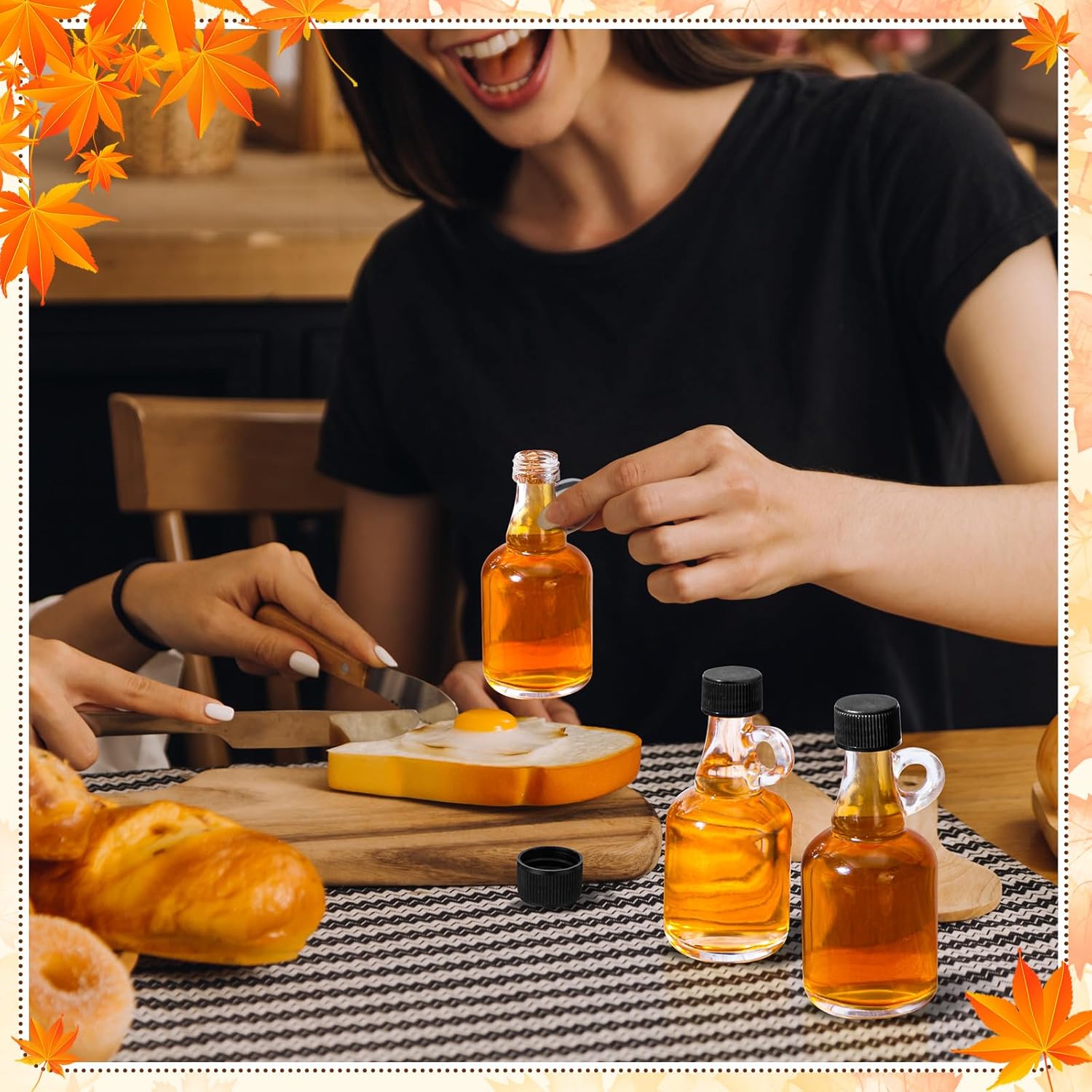12 Packs 3.4 oz Glass Syrup Bottles with Handle and Black Lids, Mini Maple Syrup Bottles for Party & Wedding Favors Gifts, Honey, Coffee, Juice
