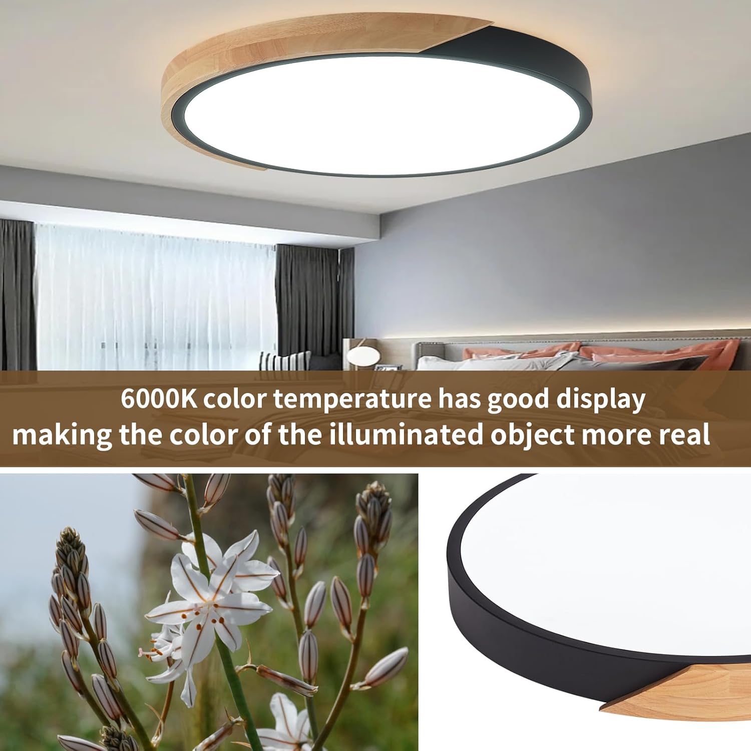 LED Ceiling Lights,12 Inch Black Modern Flush Mount Lighting Fixture,Round Shaped Wood Ceiling Lighting,30W,6500K Cool White