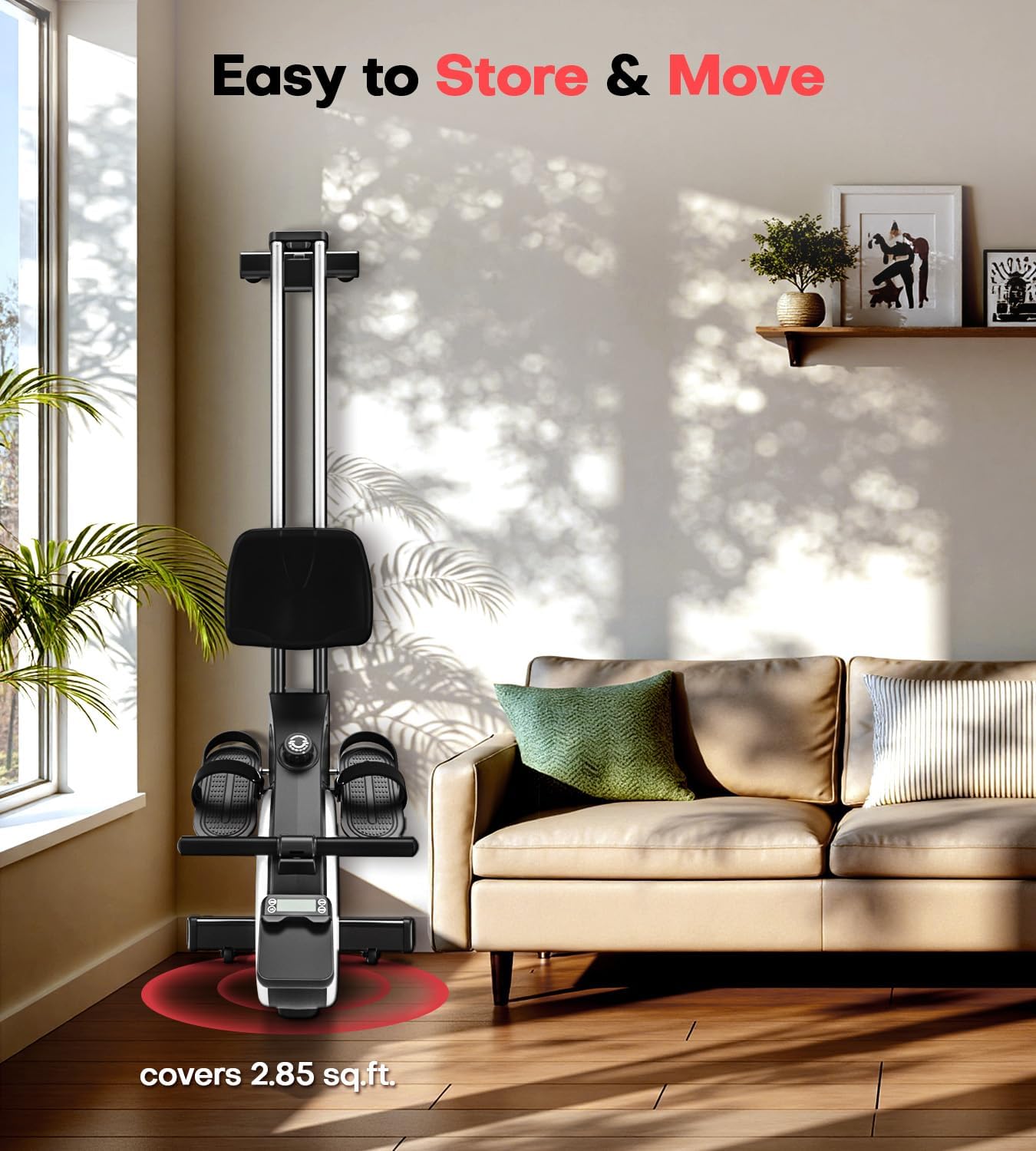 EvoSpark rowing machine stored upright next to a sofa, demonstrating space-saving design.
