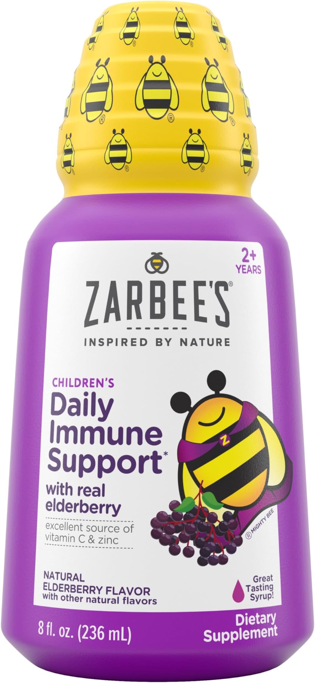 Zarbee'sBlack Elderberry Syrup for Kids, Daily Immune Support with Vitamin C, Zinc & Real Elderberry, Childrens Liquid Supplement, 8 fl oz