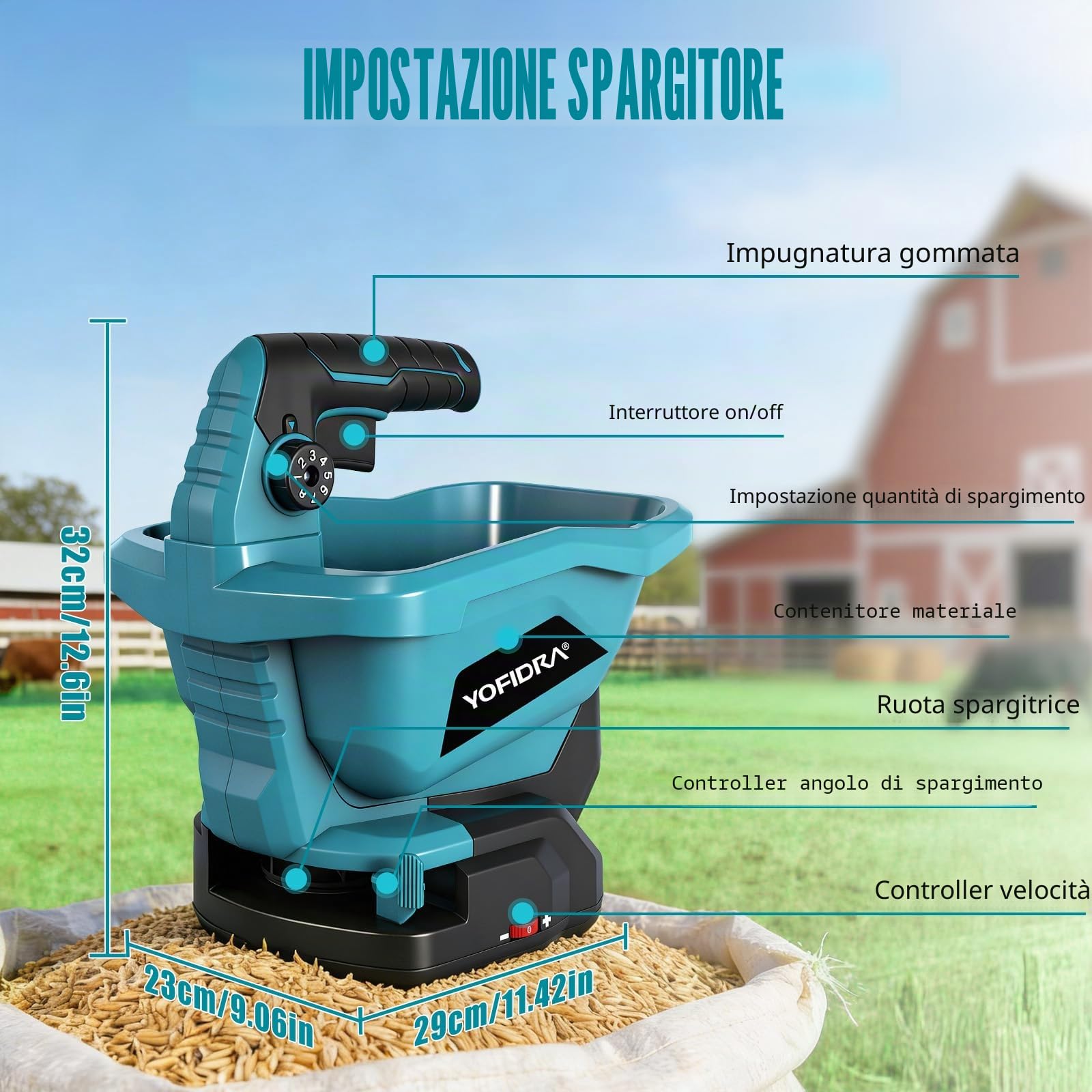 Yofidra Spandiconcime a Batteria - Spargitore Universale a Batteria con 2x2.0Ah batterie, Attacco da 3,3 Litri, 5 m di Larghezza, Copertura di 800 m², 6 velocità, per Semi e fertilizzanti per Prato