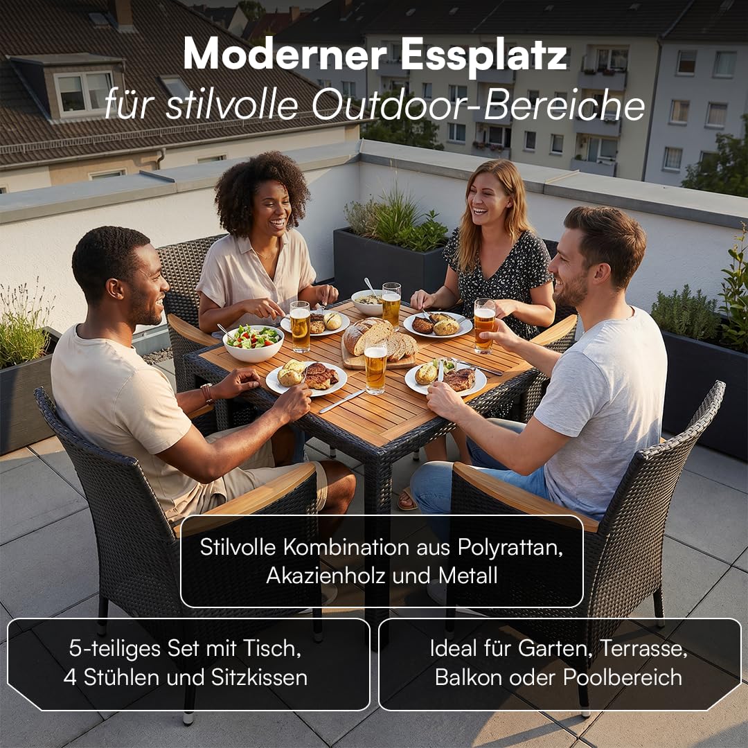 STEELSØN Fawaris Polyrattan Sitzgruppe Outdoor 5-tlg. - Gartentisch mit 4x Gartenstuhl und Kissen – Gartenmöbel Set aus Akazienholz – Gartengarnitur Outdoor wetterfest Garten/Terrasse/Balkon - schwarz