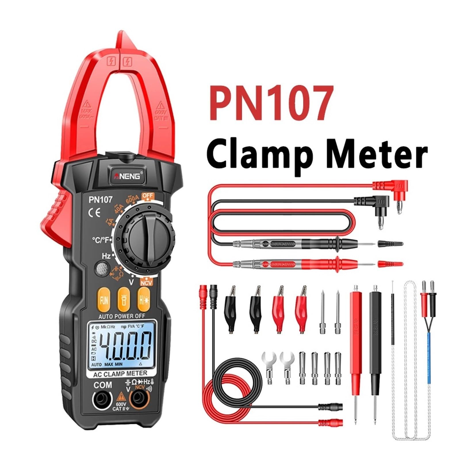 PN107 Digital Clamp Meter 600A AC Current Tester Voltmeter Ammeter NCV Diode with Temperature Frequency Professional Tool(Black Pro)