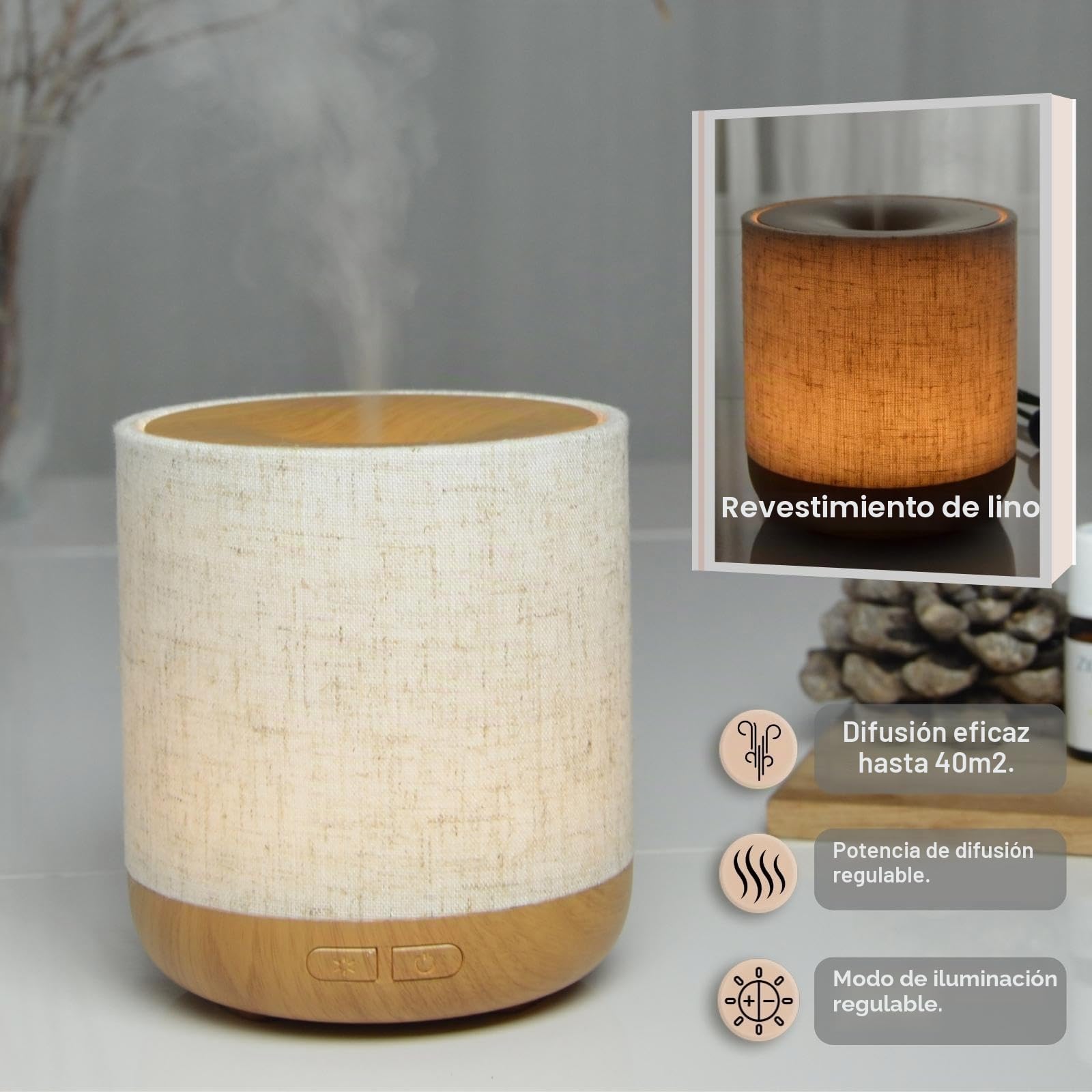 Zen'Aroma Difusor ultrasónico Alesia - Difusión de Aceite Esencial en frío Aromaterapia - Diseño Original, Carcasa de Lona de Lino y Revestimiento de Color Madera - difusión + iluminación