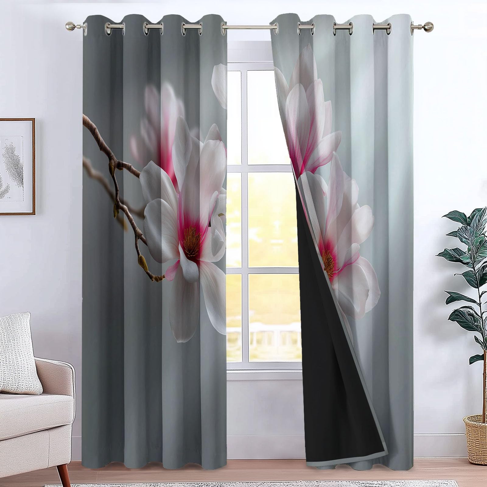 Générique Szara zasłona zaciemniająca do salonu 140 x 260 cm Magnolia Roślina 3D Drukowanie Termiczne Zasłony Izolowane Zimno Poliester Zestaw 2 zasłon okiennych do pokoju dziecięcego Dekoracja kuchni
