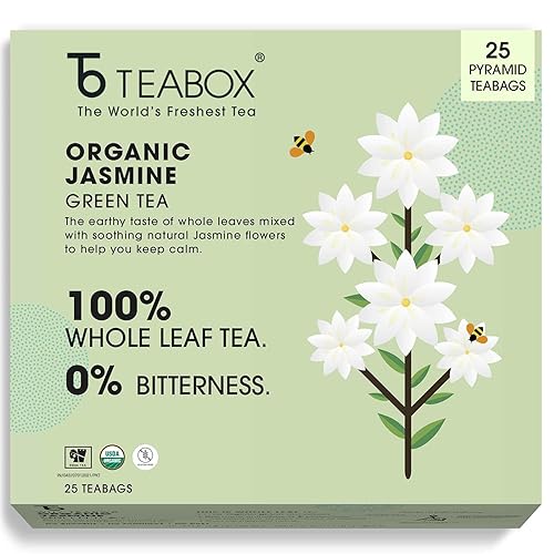 Teabox Té verde de jazmín orgánico, 25 bolsitas de té Procedente de Madurai Fabricado con 100% hoja entera, flores de jazmín naturales y sabores