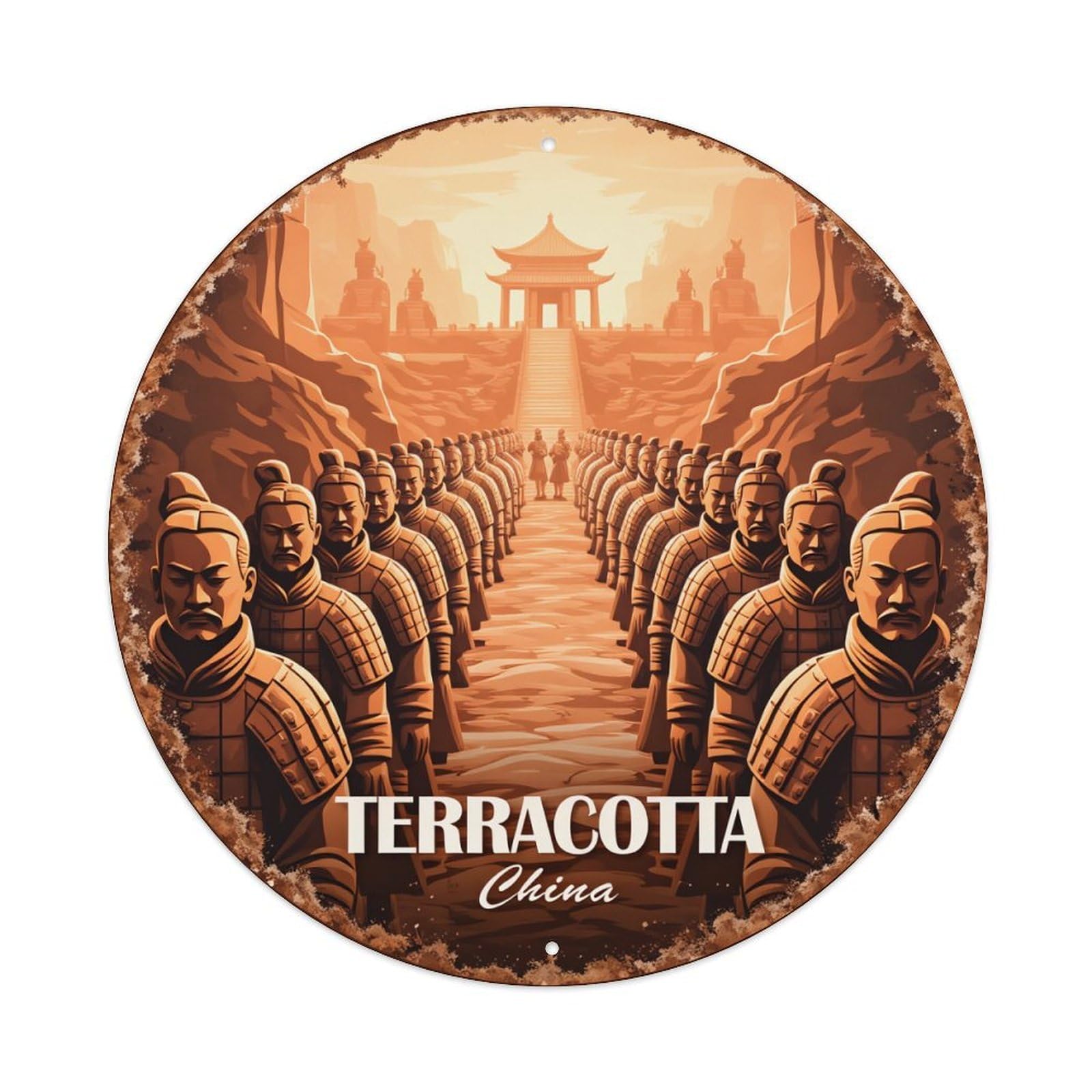 Terracotta Army China Ancient Warriors Round Tin Sign Retro Metal Sign for Cafe Bar Pub Home Game Room Gym Club Wall Decoration Vintage Metal Poster 8x8 Inch