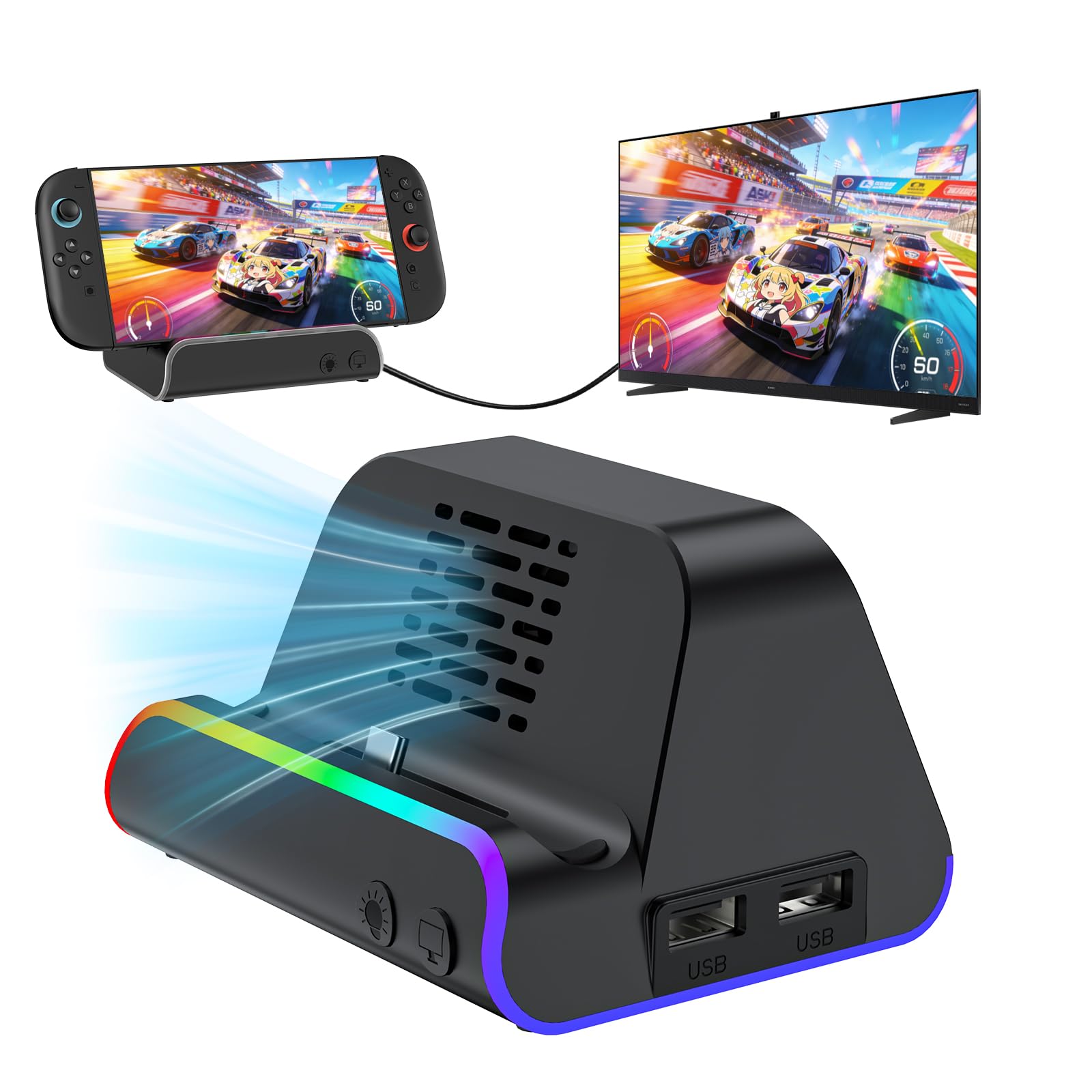 Switch 2 Dock, Docking Station for Switch 1/2, Charging Dock with 4K@120Hz HDMI Output/100W Charging Input/USB 3.0 /Cooling Fan