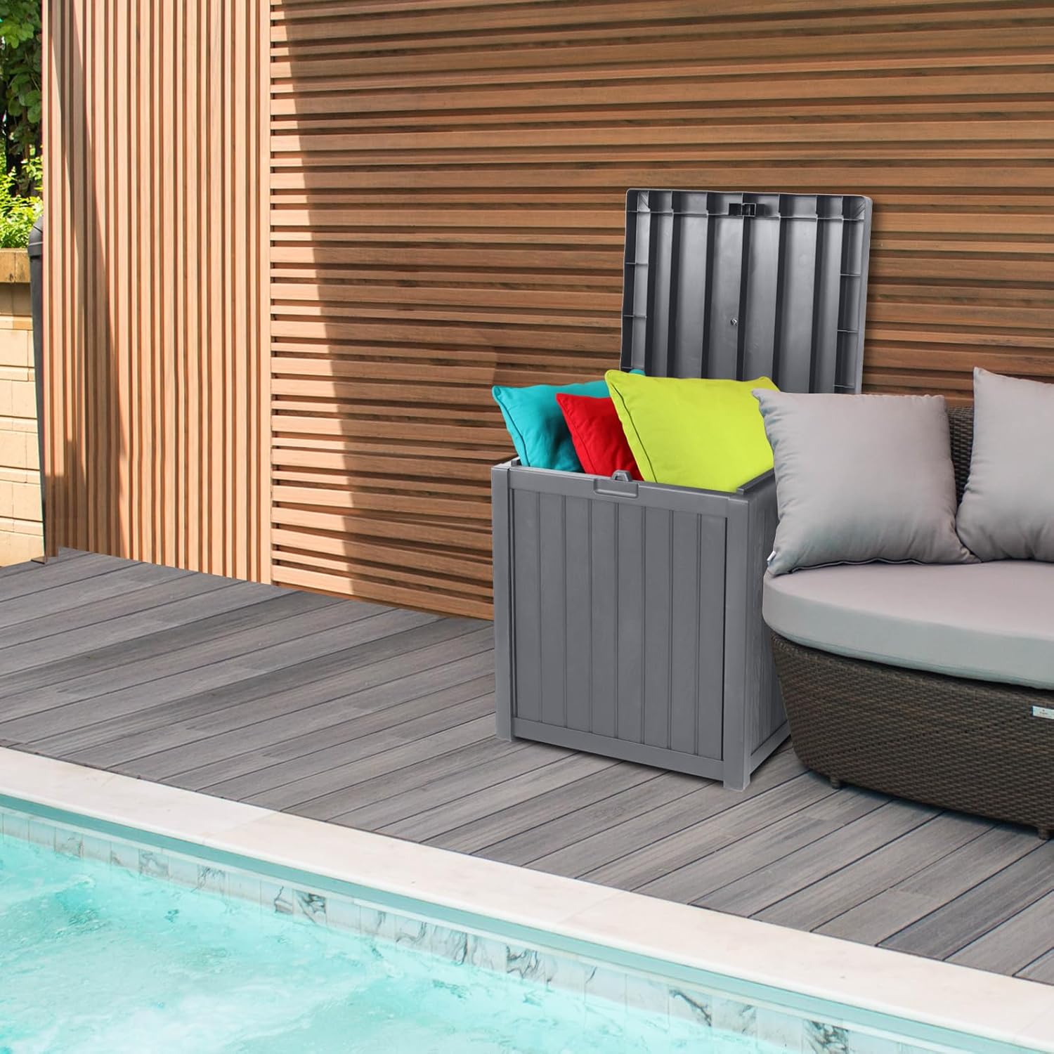 VINGLI 51 Gallon Medium Deck Box Organization, Resin Storage Box for Patio Furniture or Tools, Indoor & Outdoor Lockable Container Box for Garden, Pool, Yard, Porch and Balcony (Grey)