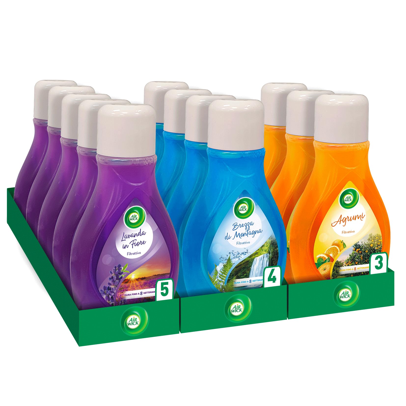 Airwick Deo Filtro Attivo - Antitabacco, 12 unità da 375 ml, 5 Lavanda in Fiore, 4 Brezza di Montagna, 3 Agrumi