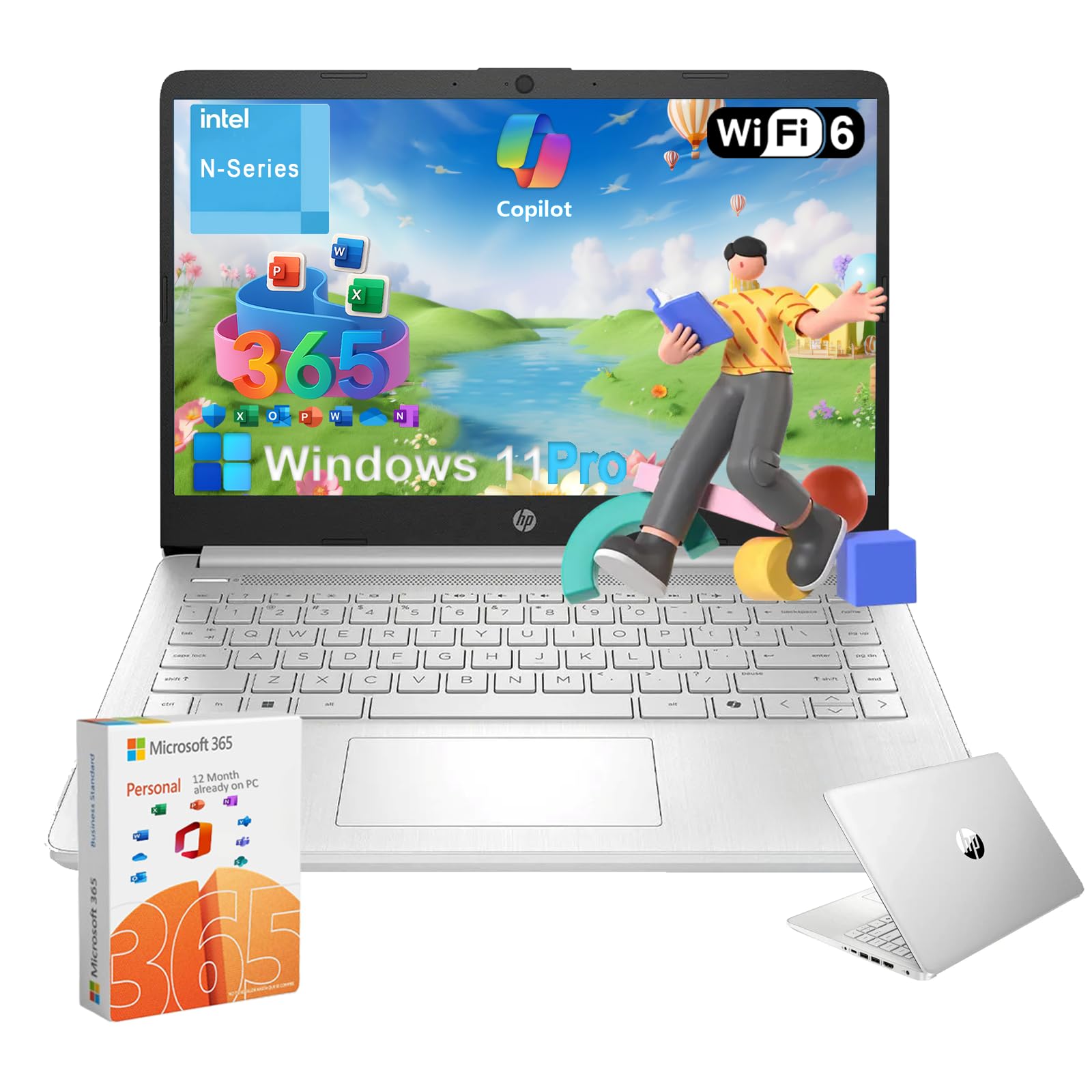 2025 14" Everyday Laptop for Student & Business - 16GB RAM, 128GB UFS & 256GB SD Card • Intel Quad-Core N150 Processor • Ai Copilot • Win11 Pro • 1 Year Office 365 • w/Accessories (Silver)