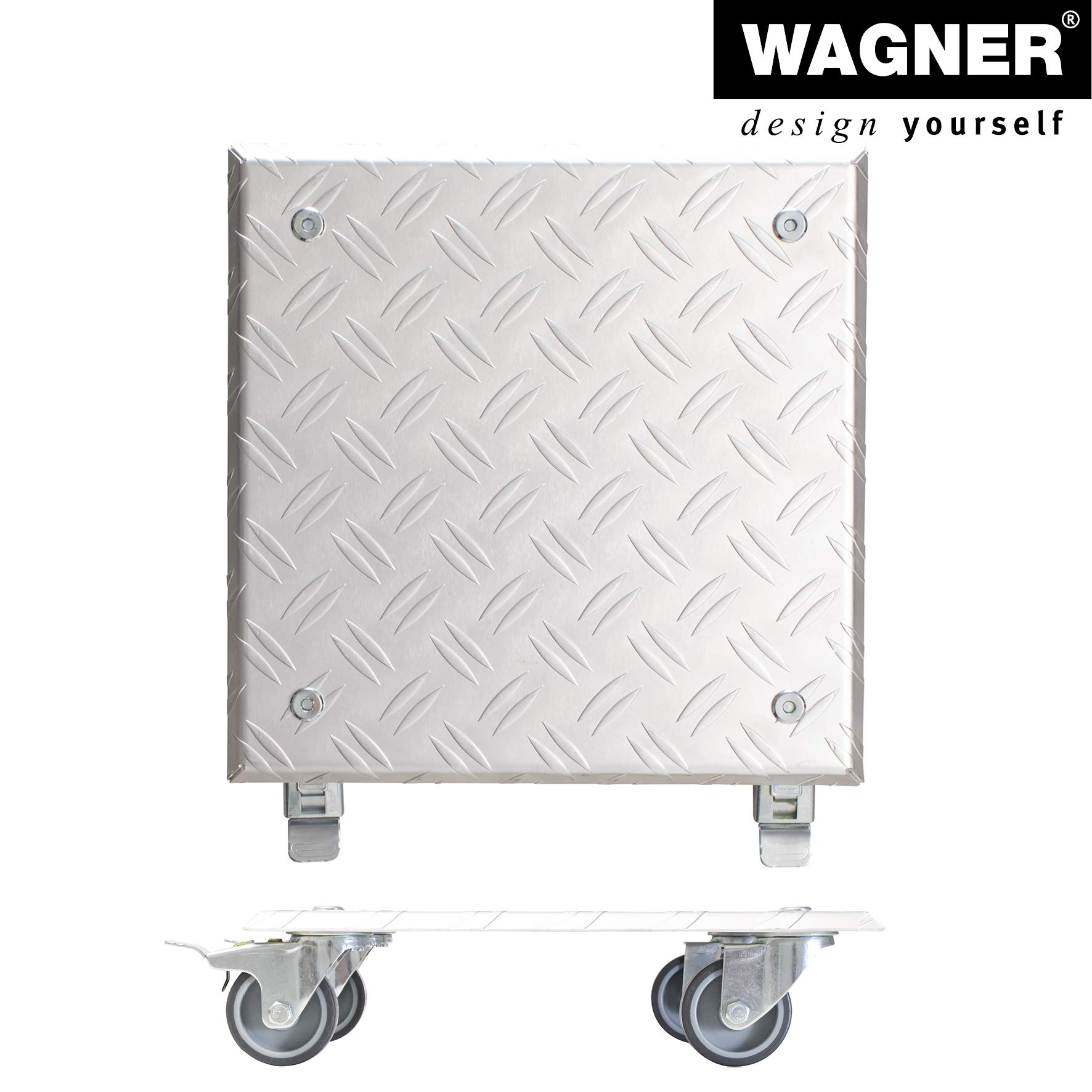 WAGNER Pflanzenroller Alaska 28 x 28 x 7,5 cm I Blumenroller für Außenbereich + Innenbereich I Kübelroller aus Aluminium Riffelblech I 2 Total-Feststeller I Tragkraft 100 kg I Made in DE- 20700401