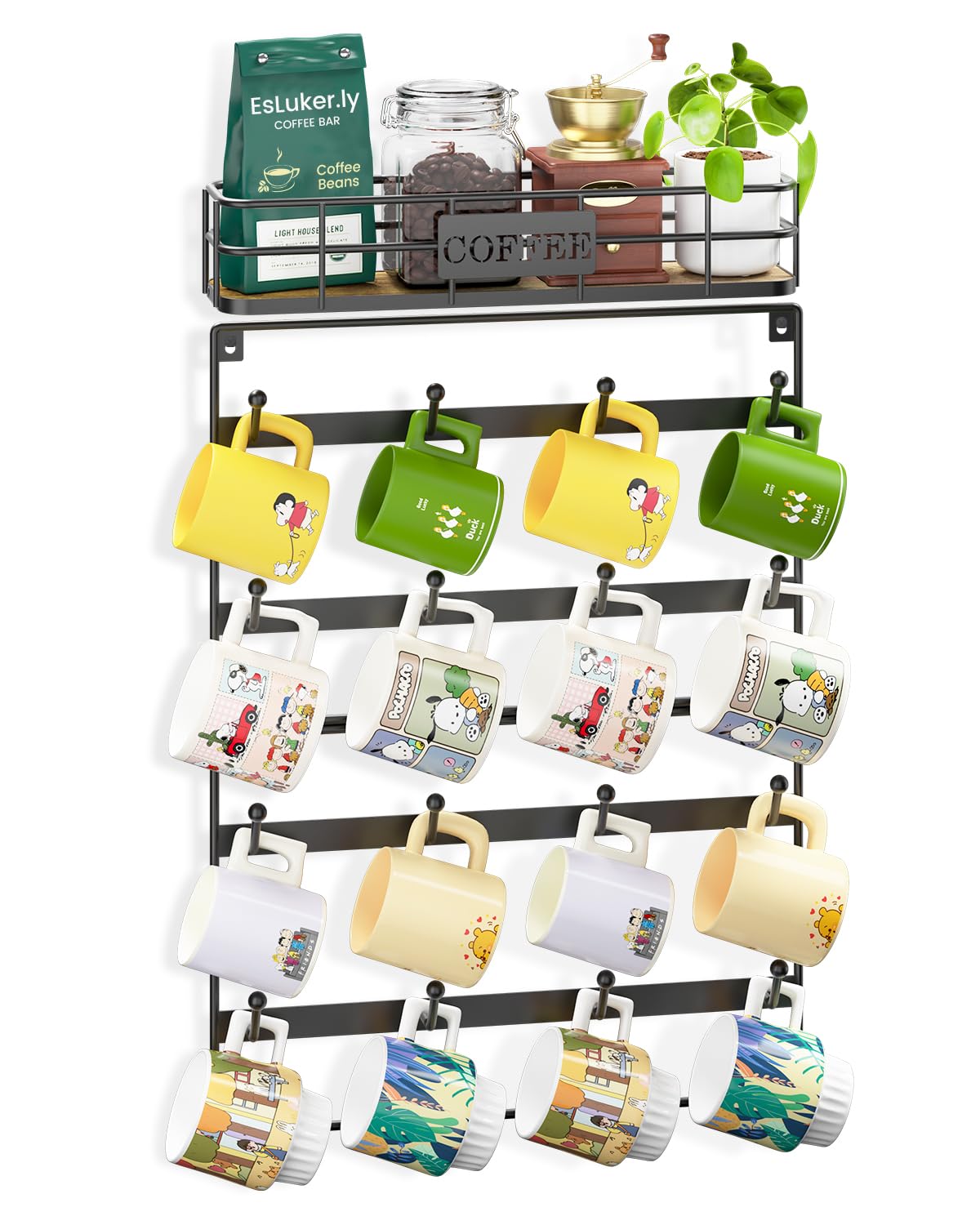 EsLucker.ly Tassenhalter Tassenständer Wand, Tassenregal Tassen Aufhanger Regal für die Wand, Kaffeetassen Regal, Tssenhalter Aufhängen, Platzsparendes Kaffeebar Zubehör, Ideal für Küchen