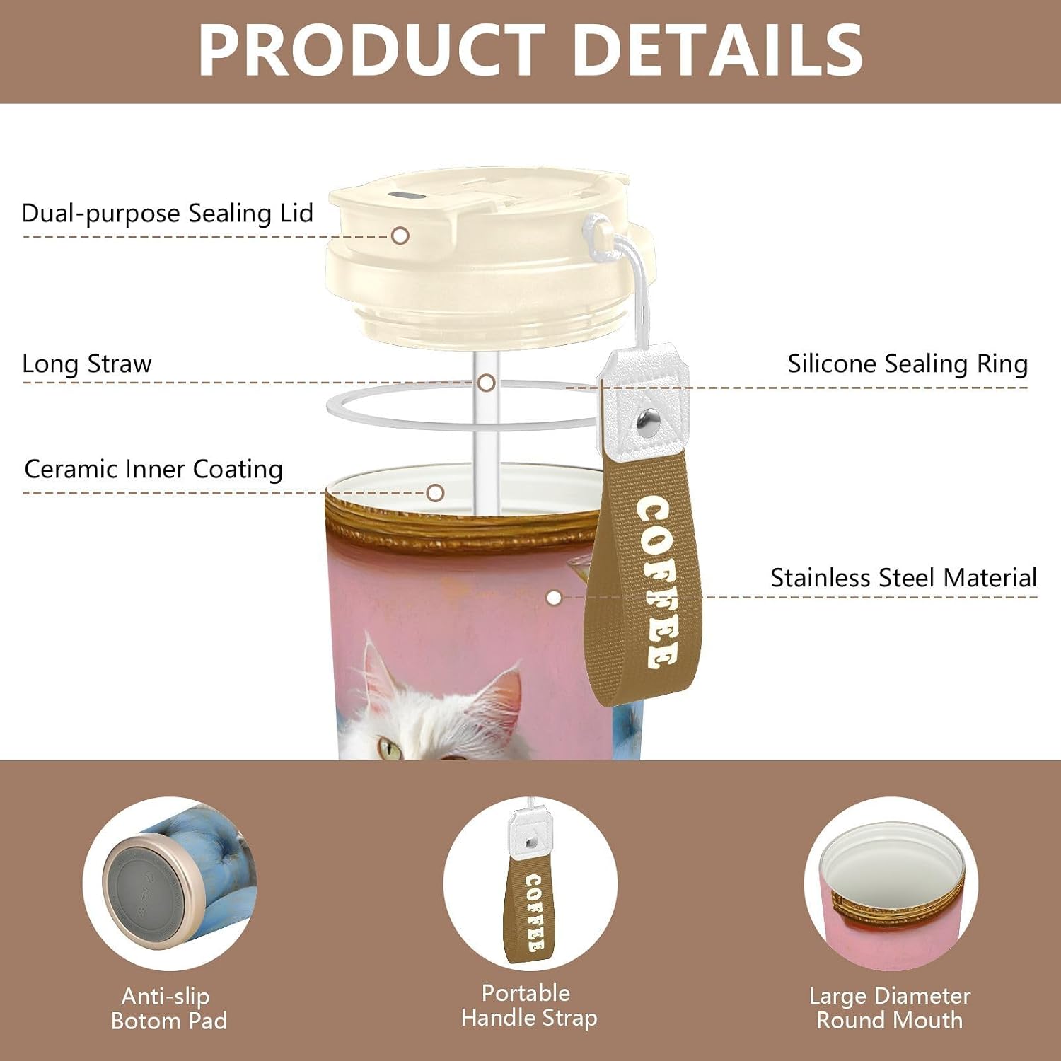 Cat White Sofa Insulated Coffee Mug with Straw & Flip Lid, 16.9oz Iced Tumbler Cup, Double Wall Vacuum Mug for Travel Office