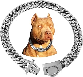 BAOBOTE Silver Chain Dog Collar,16MM 18K Silver Heavy Duty Cuban Link Collar with Secure Snap Buckle Silver Dog Chain Metal Collar Chew Proof for Dogs(24