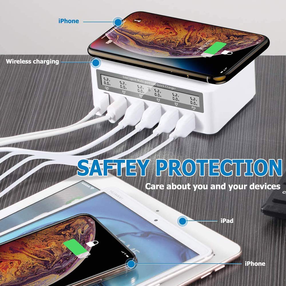 Caricatore Wireless Stazione Ricarica USB Multipla 100W 6 Porte Base di Ricarica LCD Schermo USB Docking Station con Una QC 3.0 e Un 18W PD Caricatore USB per iPhone IPad Samsung Huawei,Nero