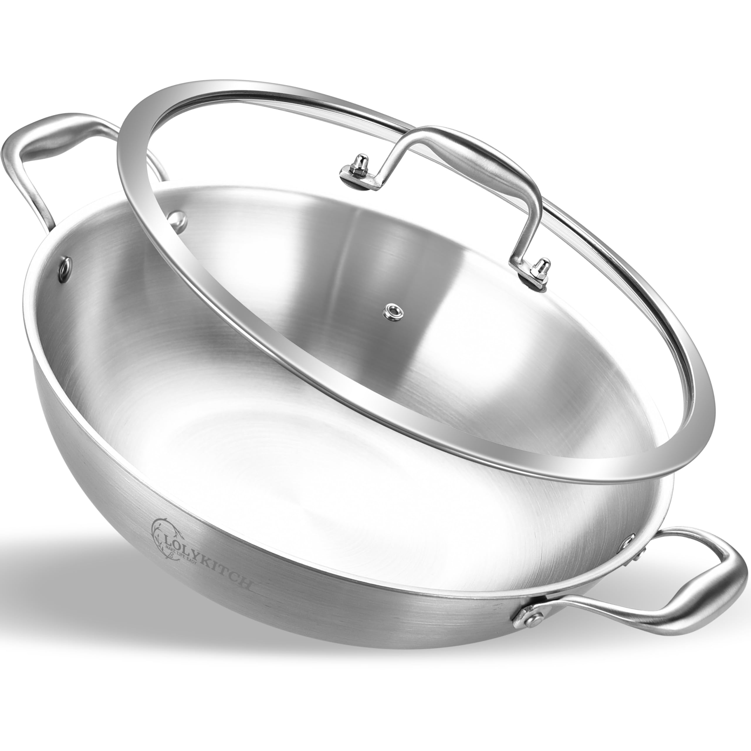 LOLYKITCH 13 Inch Tri-Ply Stainless Steel Wok Pan with Lid,5.5 Qt Induction Cooking Pot,Dishwasher and Oven Safe