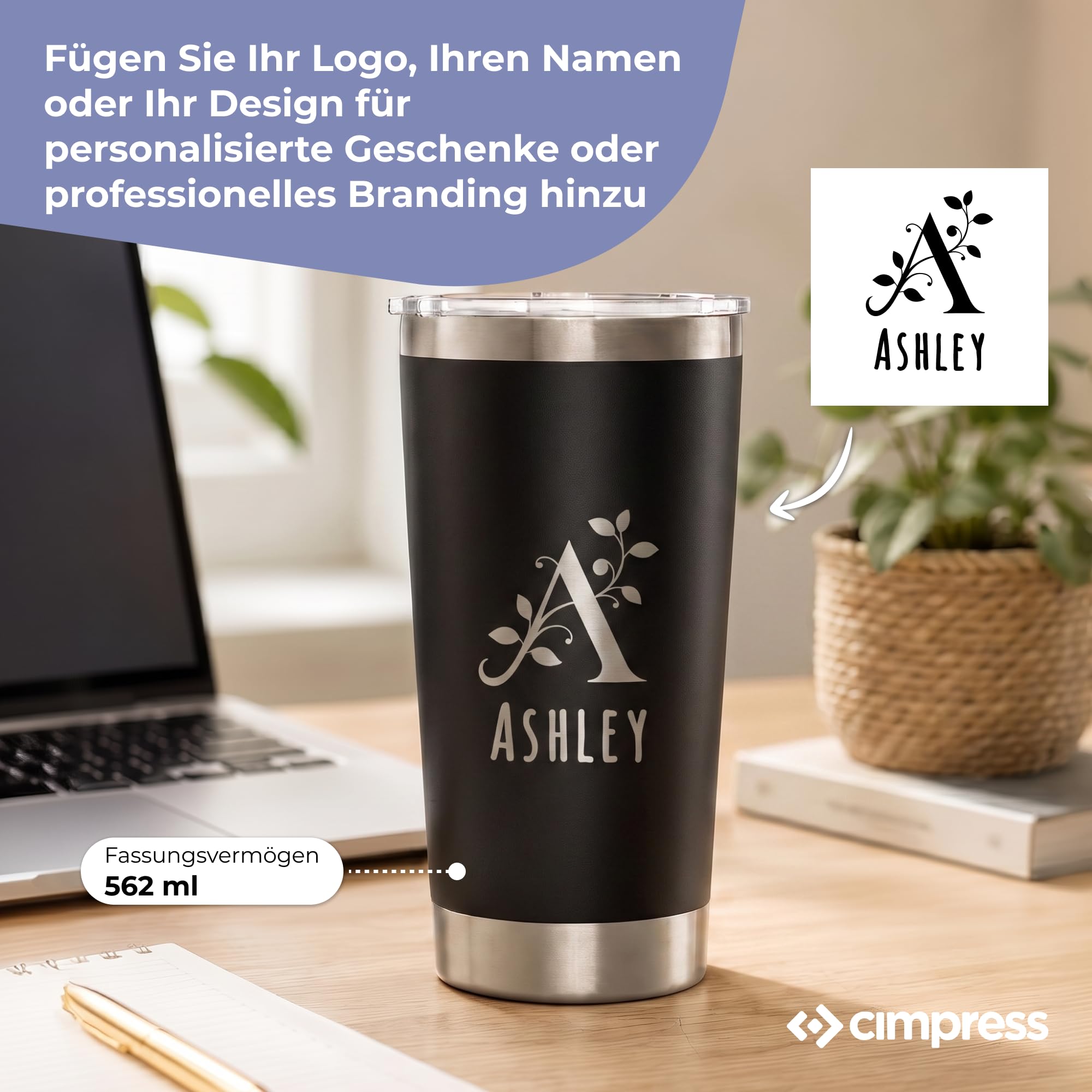 Cimpress Personalisierter Thermobecher, 562 ml doppelwandig, Schwarz