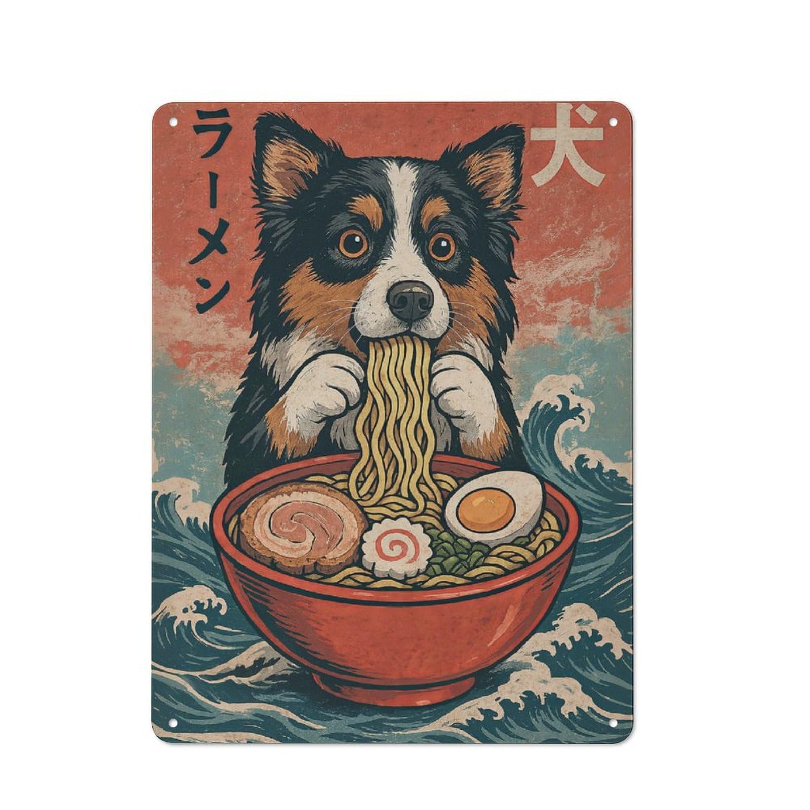Industrial Tin Wall Sign 40x30cm Featuring Australian Shepherd Ramen, Urban Room Decor for Workspace, Cafe, Hallway Or Garage