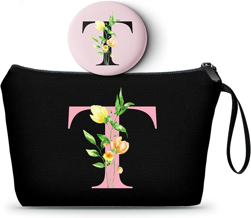 Necessaire de maquiagem SEAMOON com espelho e inicial T, preta
