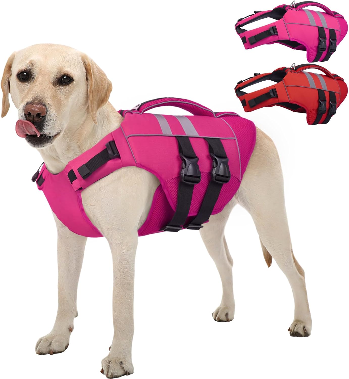 Kuoser Dog Life Jacket Large, High Flotation Dog Life Vest for Swimming Boating, Reflective Dog Swimming Vest Pet Life Preserver with Rescue Handle, Rose L