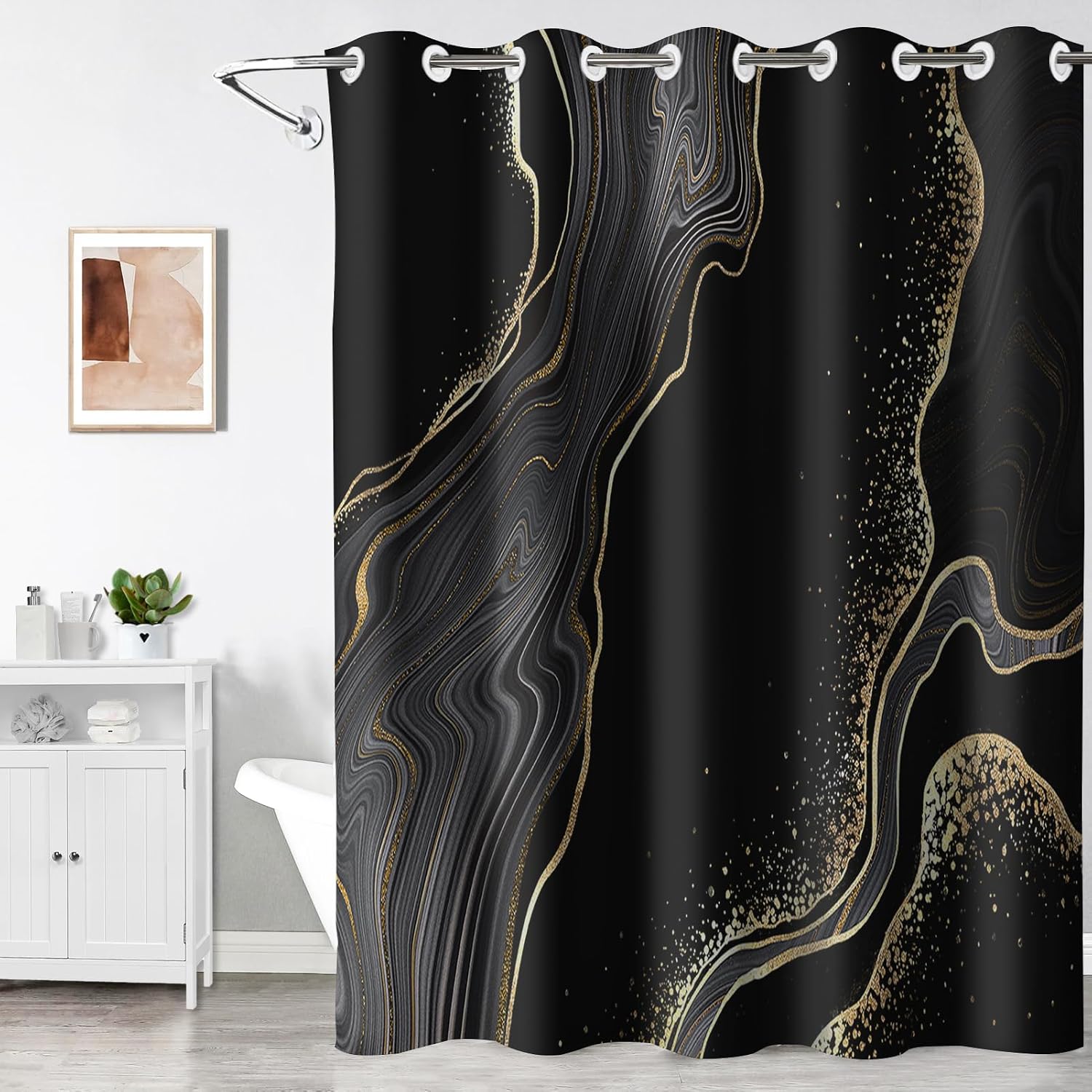 Lnond Black Gold Marble Shower Curtain,Luxury Marble Waterproof No Hook Shower Curtain for Bathroom Spa Bathtub, 71W x74L(No Liner)
