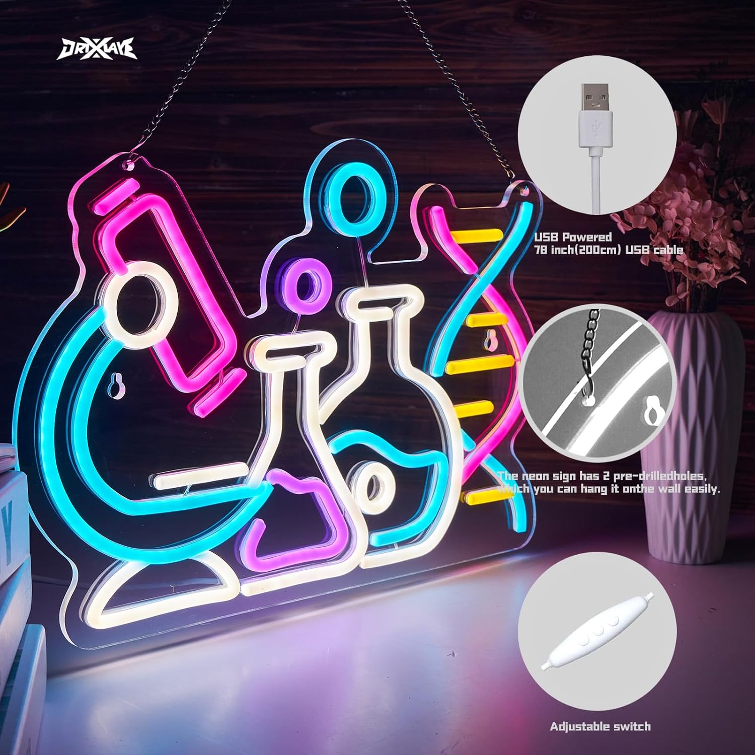 Science Neon Sign DNA Double Helix Neon Sign for wall decor Smart plug timer compatible USB-Powered Biology Science Gift Chemistry Light Up Sign for Laboratory Chemical (16.5x11.5 Inch)