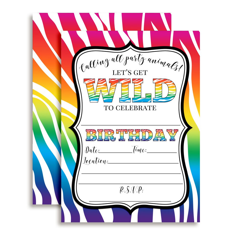 Rainbow Zebra Print Wild Birthday Party Invitations, 20 5"x7" Fill In Cards with Twenty White Envelopes by AmandaCreation Perfect for Teen and Tween Birthdays, Even Adults!
