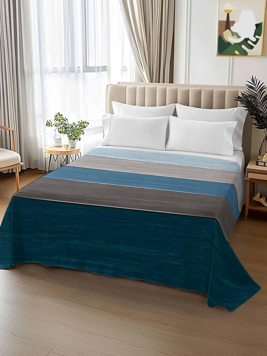 Top Sheet Full Bedding Flat Sheet Only, Retro Farm Blue Gray Wood Grain Microfiber Bed Sheets Soft Breathable Bedding Flat Sheets, Rustic Wooden Plank Hotel Luxury Top Sheets