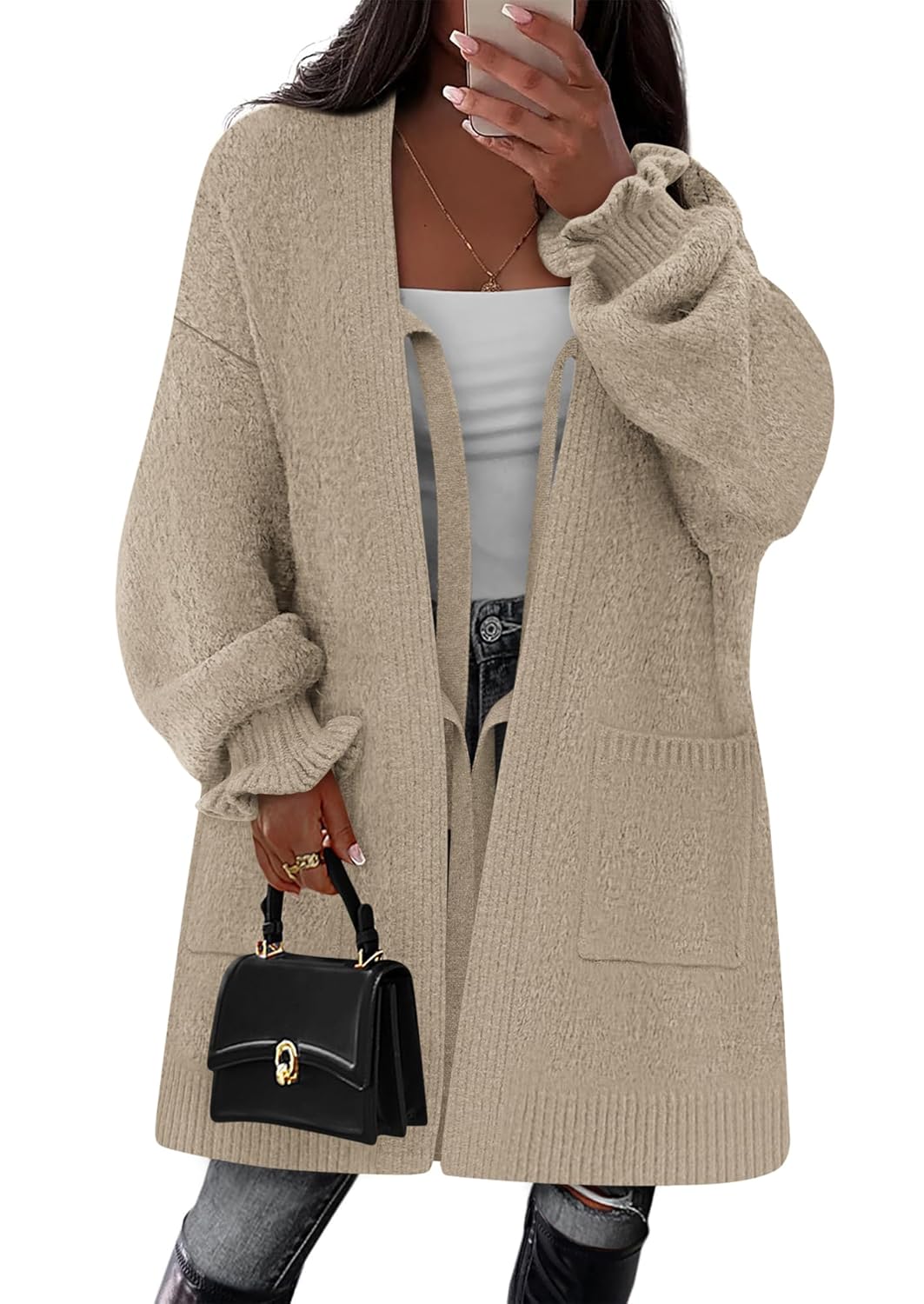 Womens 2025 Long Sleeve Cardigan Sweaters Open Front Bow Tie Up Cardigan with Pockets