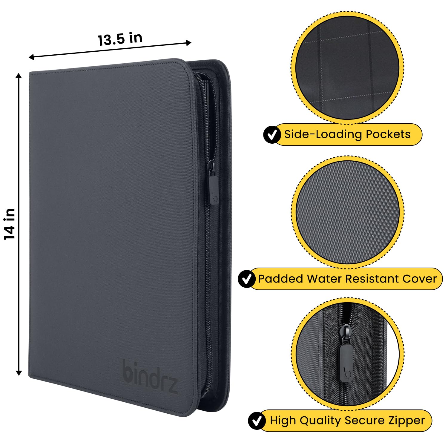 bindrz Carpeta con cremallera de 12 bolsillos para 480 tarjetas coleccionables con funda (negro) | Álbum de bolsillos laterales de carga, material seguro para archivar, compatible con TCG MTG y coleccionables deportivos