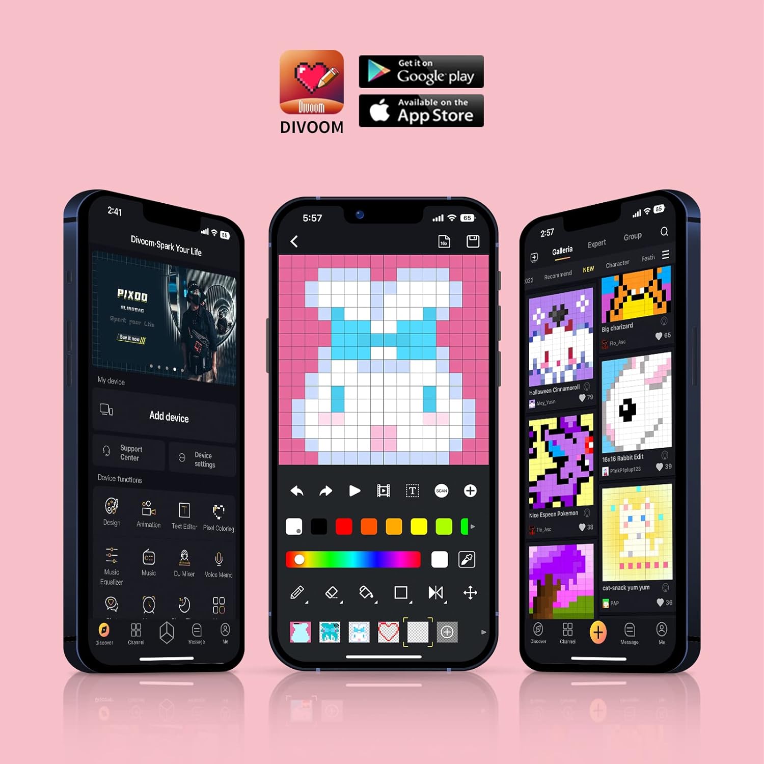 Screenshots of the Divoom mobile application interface, showing options for pixel art, music, and device settings.