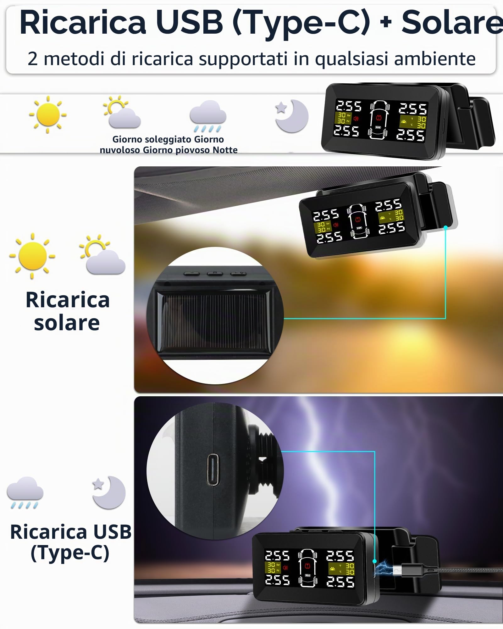 Vtopek TPMS Sistema Pressione Pneumatici con 3,5" Grande Monitor Staccabile | 0,01 Alta Precisione, Monitoraggio in Tempo Reale, Caricatore Solare e USB, 4 Sensori Impermeabile IP67 per Auto SUV 14-87Psi