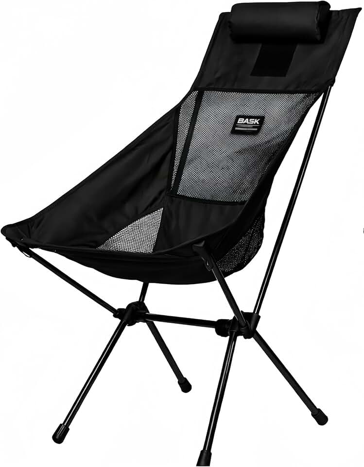BASK Daydream Cadeira Premium Dobrável com Encosto Alto e Travesseiro – Extra Grande, Estrutura em Alumínio Resistente (150kg) – Portátil para Camping, Pesca, Praia e Lazer – Preto