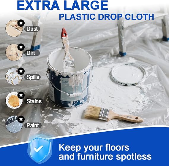 6pcs 4m x 5m Extra Large Plastic Dust Sheets for Decorating & Painting Clear Waterproof Polythene Sheeting Plastic Sheeting Dust Covers for Painting, Furniture & Floor Protection
